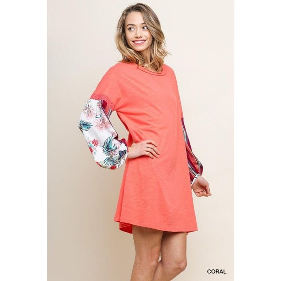 Umgee Dress Coral Knit Round Neck Tee Dress Medium - Picture 2 of 4